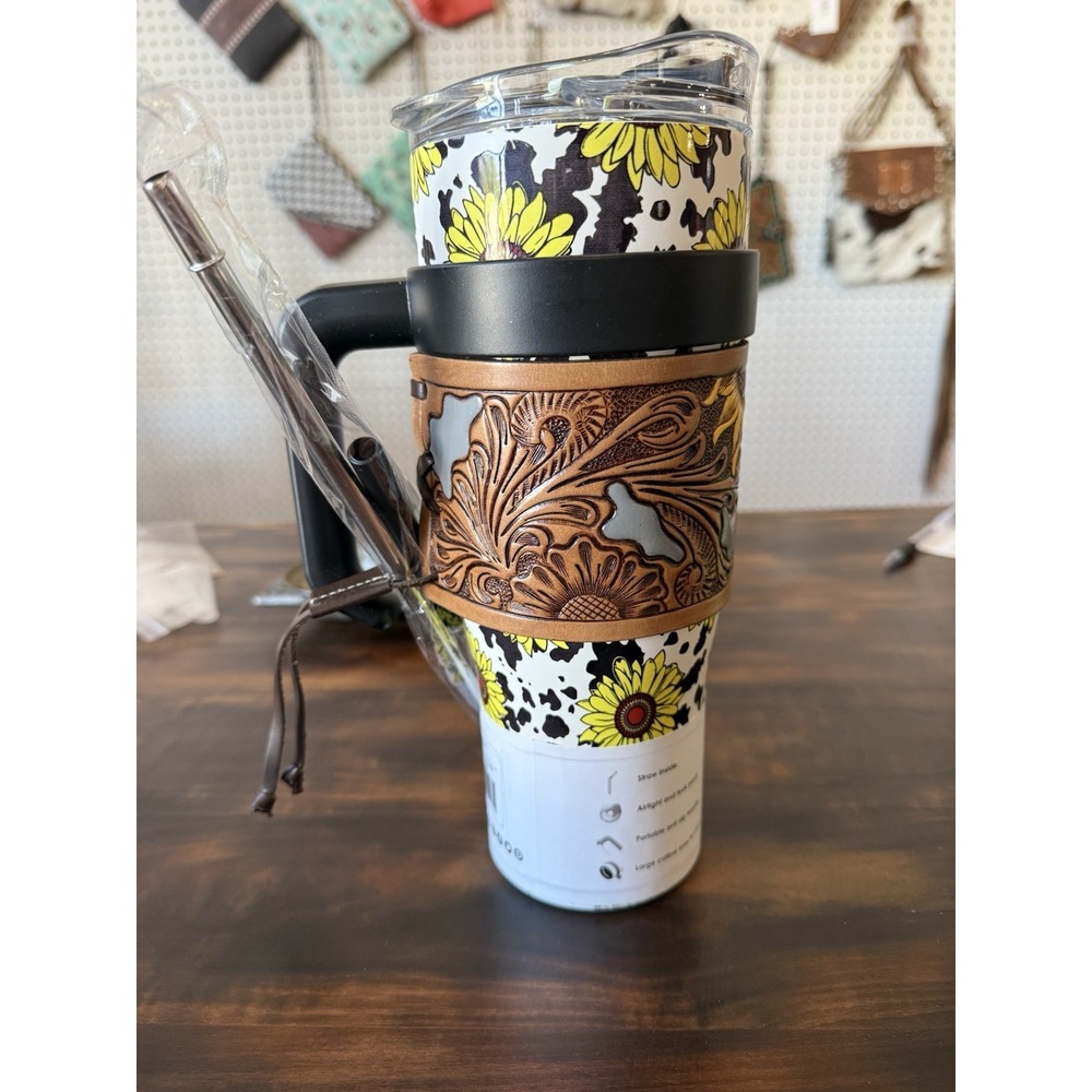 Sunflower Cow Print 40 oz Tumbler with Tooled Leather Wrap & Handle - Picture 2 of 5